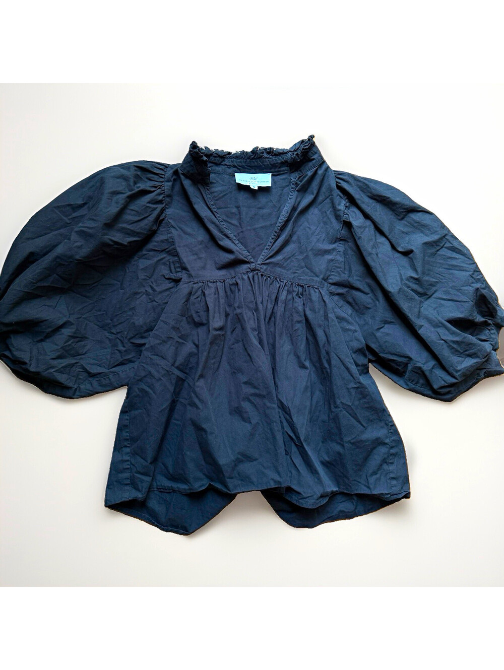 Never A Wallflower Black Puff Sleeve Blouse S Ruffle Neck Babydoll Top